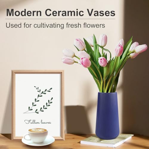 Navy Blue Ceramic Vase, GUKJOB Small Cute Flower Vase for Pampas Grass, Home, Living Room, Dining Table, Farmhouse, Office Decor, Bedroom, Table, and Kitchen Shelf (Navy Blue) - color: Small Navy Blue - 1pc