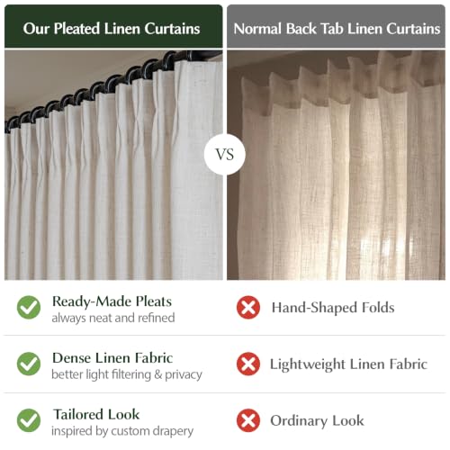 Semi Sheer Pinch Pleated Linen Curtains for Living Room 108 Inches, Natural - color: Natural, size: 40"W x 108"L (Pack of 2)