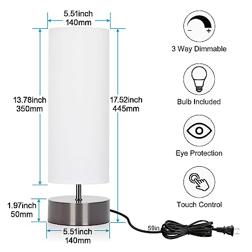 Touch Table Lamp, 3-Way Dimmable Bedside Lamp with Cylinder Fabric Shade - color: White Shade with Black Nickel Base