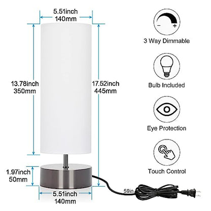 Touch Table Lamp, 3-Way Dimmable Bedside Lamp with Cylinder Fabric Shade - color: White Shade with Black Nickel Base