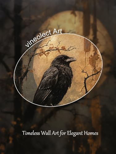 vineolect Vintage Raven Gold Framed Wall Art Gothic Full Moon Crow Painting Dark Forest Artwork Dark Academia Home Decor for Living Room Bedroom Office 16''x24'' - color: Vintage Raven Branch, size: 24"L x 16"W
