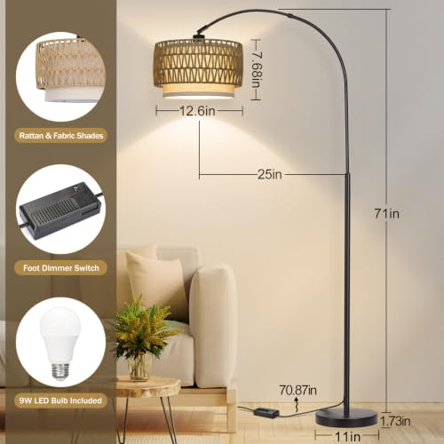 Rattan Floor Lamp, Dimmable Arc Floor Lamps with Adjustable Head - color: Black Base with Rattan Shade