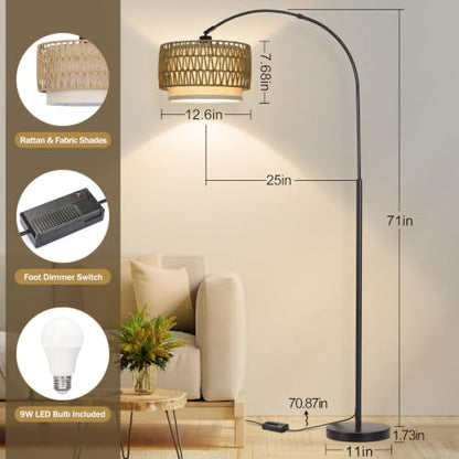 Rattan Floor Lamp, Dimmable Arc Floor Lamps with Adjustable Head - color: Black Base with Rattan Shade