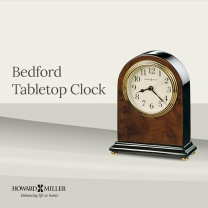 Howard Miller Bedford Tabletop Clock | Walnut Piano Finish, Brass-Tone Bezel, Quartz Movement, Off-White Dial – Home & Office Decor