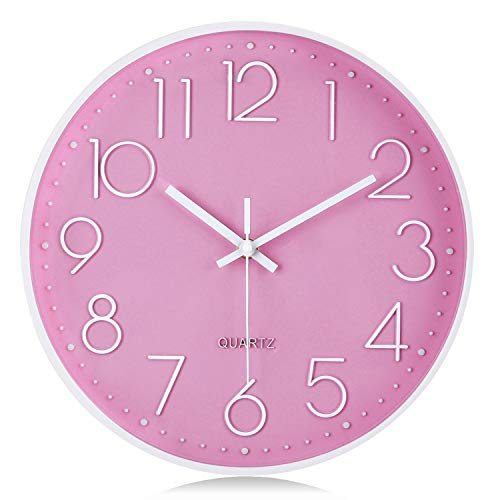 Lafocuse 12 inch Modern Analog Pink Wall Clock for Girls Bedroom | Easy to Read 3D Large Numbers, Battery Operated, Silent Non Ticking, Accurate, Kids Room Kitchen Playroom Living Room Decor - color: Pink