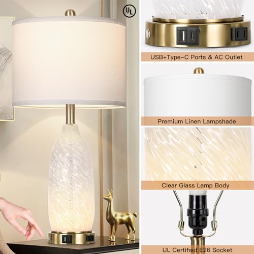 Rinweey 26" Modern Clear Glass Table Lamps Set of 2,Nightstand Lamp with USB A+C Ports & AC Outlet,Bedside Lamps with 3-Way Dimmable Touch Control Night Light for Bedroom Living Room(Bulbs Included) - color: White