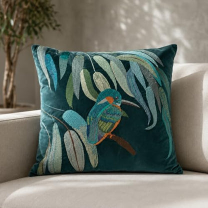 Dorii Embroidered Throw Pillow Covers 18x18, Cotton Velvet Decorative Pillow Cover, Bird & Botanical Cushion Cover with Hidden Zipper, Accent Pillow for Sofa, Couch, Bed & Living Room