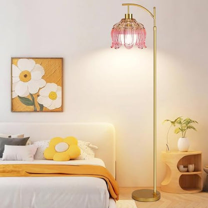 QIYIZM Pink Floor Lamp for Living Room,Bedroom,Gold Dimmable Standing Lamp with Remote,Mid Century Modern Brass Tall Lamp Boho Floor Lamps Arc Stained Glass Flower Floor Light Lamp Girls kids Bohemian - size: Floor Lamp--11