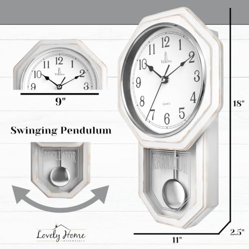 Pendulum Wall Clock, Real Wood Regulator Clock, White, Quiet Non-Chiming - color: Rustic White With Arabic Numerals