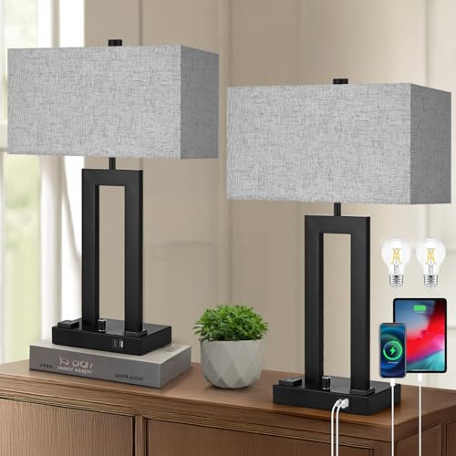 22" Table Lamps for Bedroom, Modern Bedside Lamps with Charging Ports - color: Gray