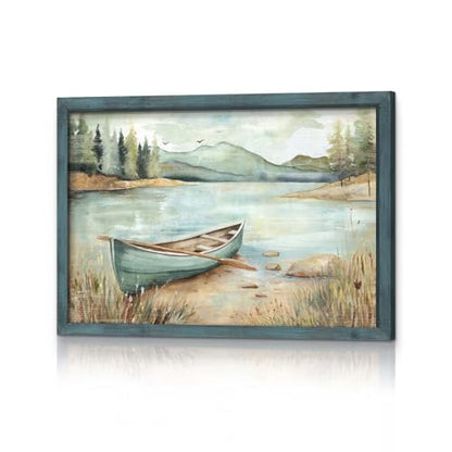 HILL WEST Country Lake Boat Landscape Framed Wall Art, 24x16inch - color: Boat, size: 24"L x 16"W