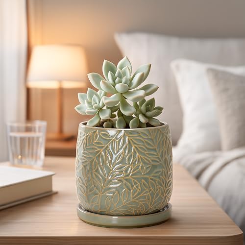 D'vine Dev Embossed Leaves Ceramic Planter, 5 in, Olive, 27-A-V-0 - color: Olive, size: 5 Inch
