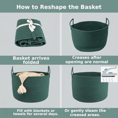 XUANGUO 66L Large Blanket Basket, Round Cotton Rope Basket, Dark Green - color: dark green