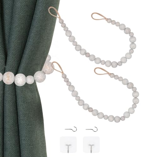 2 Pack Wood Bead Curtain Tieback, Boho Curtain Holdback,Whitewashed - color: White Washed