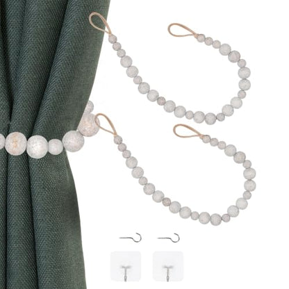 2 Pack Wood Bead Curtain Tieback, Boho Curtain Holdback,Whitewashed - color: White Washed