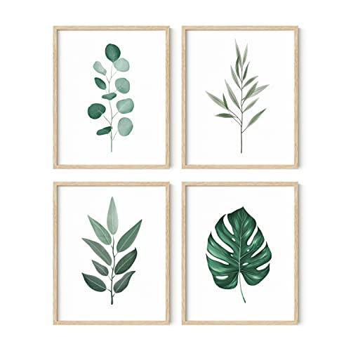 HAUS AND HUES Framed Botanical Wall Art - Set of 4 Tropical Leaf Prints, Sage Green Plant Wall Decor, Minimalist Leaves Art (Beige Frame, 8x10) - color: Green Plants, size: 8x10, style: Beige Framed