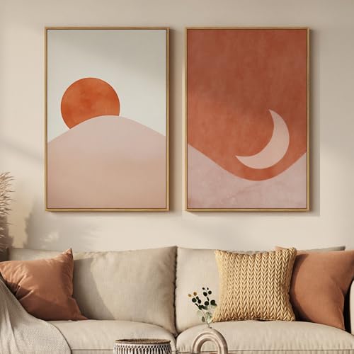 Framed Boho Terracotta Sun and Moon Canvas Wall Art Bedroom, 20x30 Inch - color: Terracotta Blush, size: 16" W x 24" H x 2Pcs