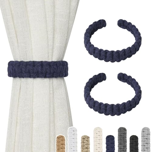 NICEEC 2 Pack Natural Cotton Rope Curtain Tiebacks Farmhouse Rustic Style Decorative Drape Tie Backs Handmade Braided Curtain Holdbacks for Home & Office Sheer/Light Weight Drapery (C-Dark Blue-S) - color: Dark Blue-small, size: 2 Pack