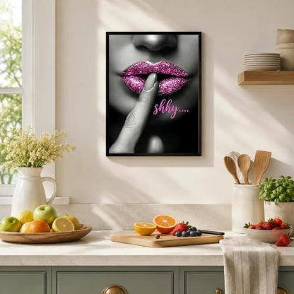 Black Framed Pink Lips Wall Art, Glam Pictures Wall Decor, 12x16 in - color: Pink-Shhy