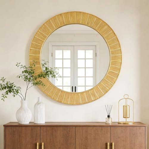 CozyDH 31 Inch Gold Round Mirror for Wall Decor - Large Modern Accent Circle Mirror Elegant Boho Decorative Home Wall Art for Bathroom Vanity Washroom Entryway Fireplace Living Room Bedroom Hallway - color: Gold-31 Inch