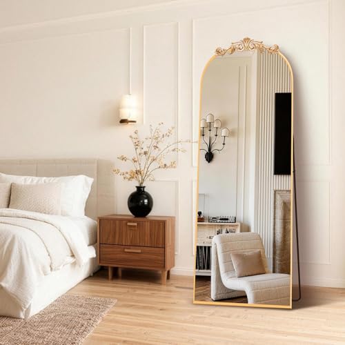 MISSDAY Vintage Baroque Full Length Mirror, 71"X28" Antique Large Arched Full Body Mirror Freestanding with French Carving Top, Full Metal Frame Stand Up Retro Mirrors for Bedroom Living Room, Gold - color: Gold, size: 71"L x 28"W
