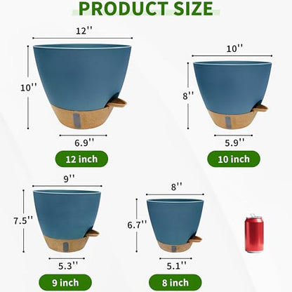 12/10/9/8 inch Self Watering Pots with Visual Water Window, Extra Large Self Watering Plant Pot with Drainage Holes and Saucers, Blue Flower Pots for Indoor Plants - color: Blue