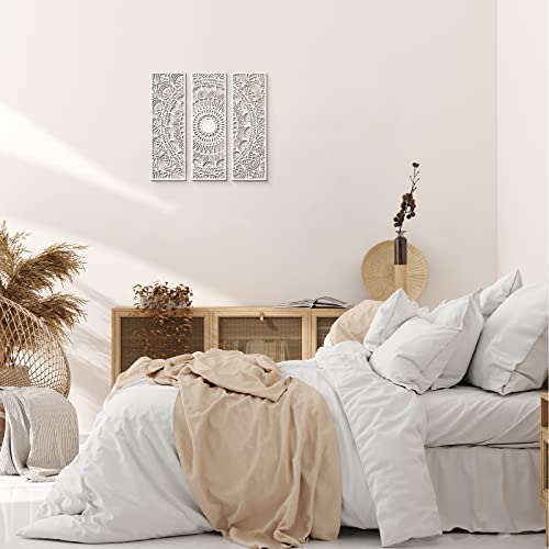 Blulu 3pcs Mandala Wall Art Carved Wood Wall Art Floral Aesthetic Wooden Plaque Set Wood Carving Decor Farmhouse Modern Cutout Plaque for Home Bathroom Decoration(15.8 x 5.1 Inch,White)