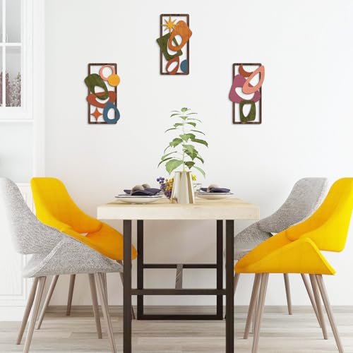 Pigort 3 Pcs Wooden Abstract Wall Art Mid Century Modern Wall Art Modern Elegance Wall Decor Geometric Home Decoration for Living Room Office 9.2x15.7inch