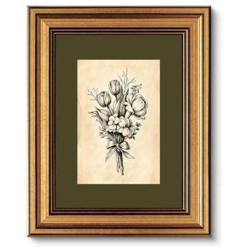 Vintage Gold Framed Botanical Wall Art, Antique Floral Sketch Print 8 x 10 - color: Floral Sketch