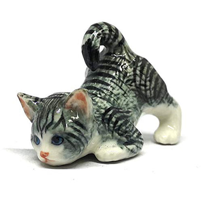 Handmade Ceramic Gray Miniature Tabby Cat Figurine, Shelf Decor