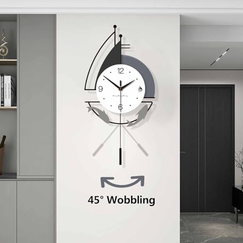 Decorative Wall Clock for Living Room, Creative Silent Non Ticking Modern Wall Clocks with Pendulum, Battery Operated, Large Wall Clock for Living Room, Kitchen, Bedroom (Black White, 36.2x18.1inch)
