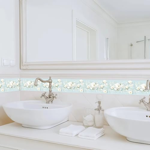 White Peony Wallpaper Border Peel and Stick Light Blue Floral Trim - color: Linght Blue/White, size: 3.9" x 196.8"