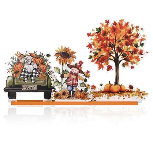 Smile Fall Thanksgiving Halloween Wooden Standing Decor, Truck Pumpkin Scarecrow Sunflower Tiered Tray Signs with Stands for Rustic Farmhouse Home Decor - style: Fall Scarecrow