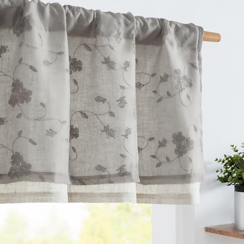 jinchan Sheer Valance for Window Grey Floral Embroidered 18 Inch 1 Panel - color: Floral | Grey