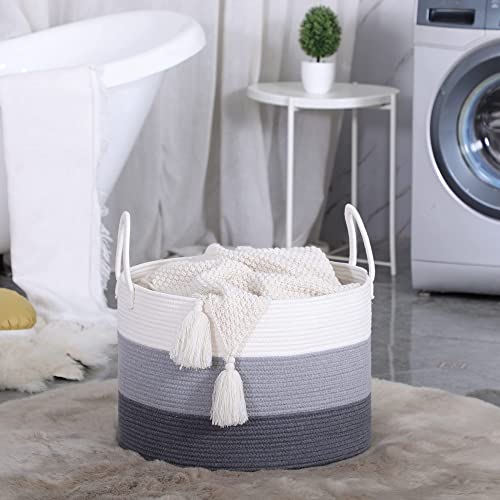 KAKAMAY Large Blanket Basket (20"x13"),Woven Baskets for storage Baby Laundry Hamper,Cotton Rope Blanket Basket for Living Room, Laundry, Nursery, Pillows, Baby Toy chest with Handles (White/Grey) - color: White and Grey