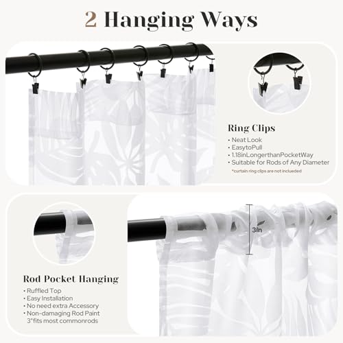 HOMEIDEAS White Semi Sheer Curtains Tropical Monstera Palm, 52 X 63 Inch - color: White - Monstera Palm Leaf, size: 52"W x 63"L (Pack of 2)