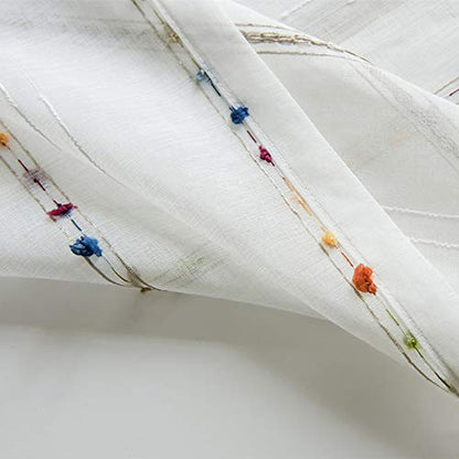 pureaqu Boho Striped Sheer Curtains Pompom Semi Sheer Drape 1PC W39 x L63