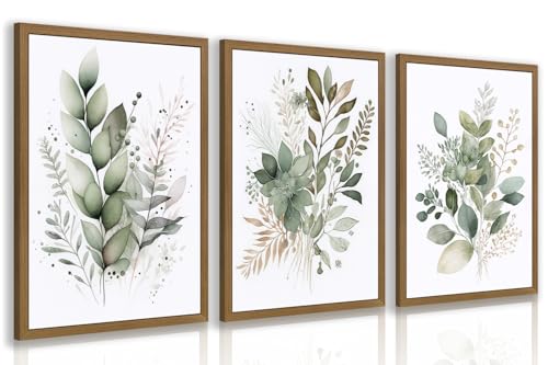 EisEver Watercolor Botanical Wall Art Set of 3, Sage Green Bathroom Wall Decor, Neutral Minimalist Floral Art Prints, Modern Farmhouse Plant Artworks for Living Room Bedroom Wood Framed 12x16 inch - color: SagePlant, size: 16"L x 12"W