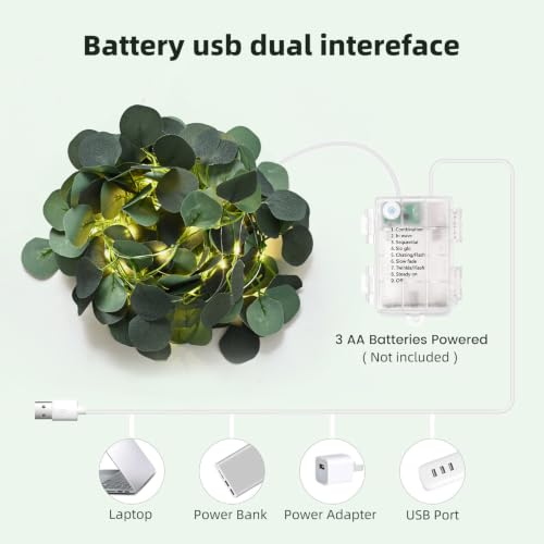 16 FT Eucalyptus Vine with LED Fairy Lights, Remote, USB & Battery Powered - color: Eucalyptus_Battery&USB