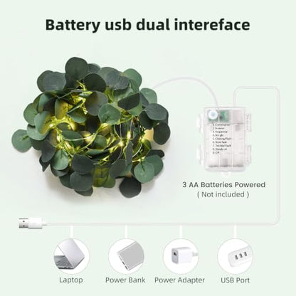 16 FT Eucalyptus Vine with LED Fairy Lights, Remote, USB & Battery Powered - color: Eucalyptus_Battery&USB