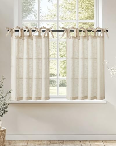 jinchan Solid Linen Kitchen Tier Curtains 30 Inches Tie Top 2 Panles Crude - color: Verona Curde, size: 26"W x 30"L (Pack of 2)