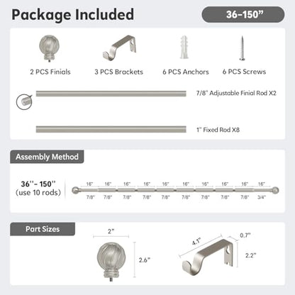 Silver Curtain Rods for Windows 72 to 144 Inch 7/8" Diameter - color: Silver, size: 36"-150"|1 Pack