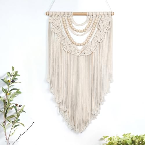 Beige Macrame Wall Hanging Handmade Tapestry with Chic Wooden Beads Tassels
