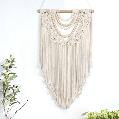 Beige Macrame Wall Hanging Handmade Tapestry with Chic Wooden Beads Tassels