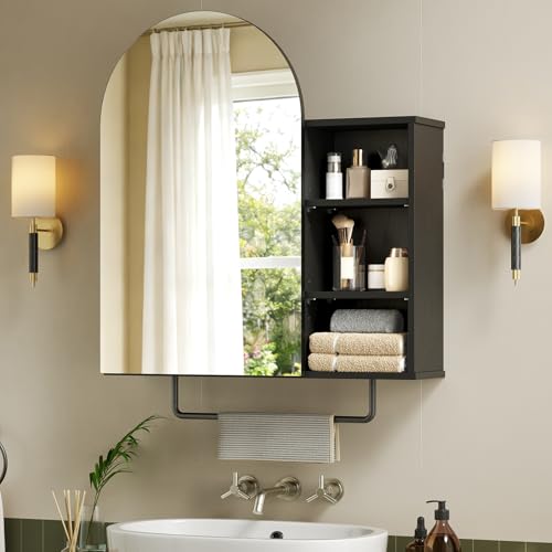 RALGEND Arched Bathroom Medicine Cabinet Mirror with Storage, Modern Arch Mirrored Cabinets, Wall-Mounted Vanity with 2 Adjustable Shelves & Towel Bar, Not Recessed, Black - color: Black
