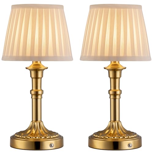 KDG Gold Cordless Table Lamps Set of 2, Beige Fabric Shade Small Desk Lamp - color: Gold + White Lampshde (2 Pack)