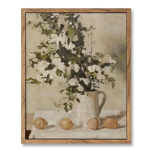 ElfLuna Wood Framed Canvas, Retro Lemon Floral Still Life Print - color: Flowers and Lemons, size: 10"L x 8"W
