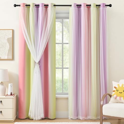 Pink Yellow Purple Blackout Curtains with Sheer Overlay for Girls Bedroom - color: Blackout-pink Purple Yellow, size: 34"W x 63"L (Pack of 2)