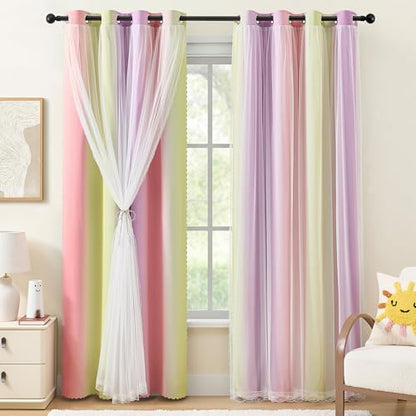 Pink Yellow Purple Blackout Curtains with Sheer Overlay for Girls Bedroom - color: Blackout-pink Purple Yellow, size: 34"W x 63"L (Pack of 2)