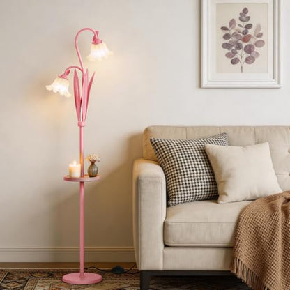 Pink Flower Floor Lamp with Table, Adjustable Floral Standing Lamp for Girl - color: Peach Pink